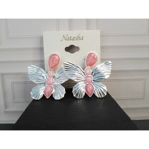 Natasha Butterfly Dangle Earrings Pink Gemstone Silver Tone Statement